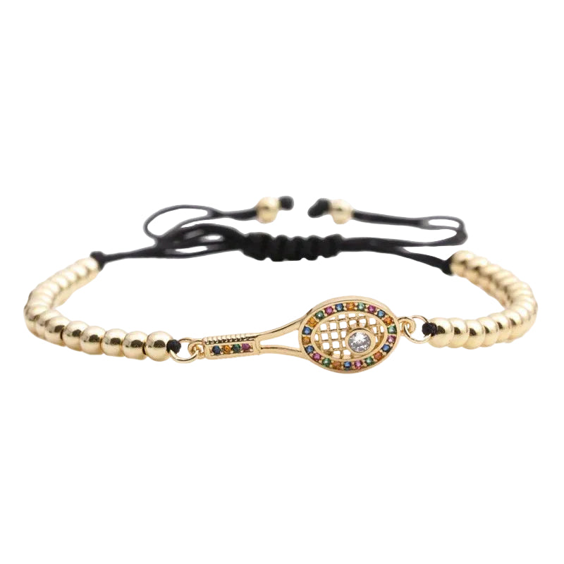 Elegant Gold Tennis Racket Charm Bracelet with Sparkling Rhinestone Detail