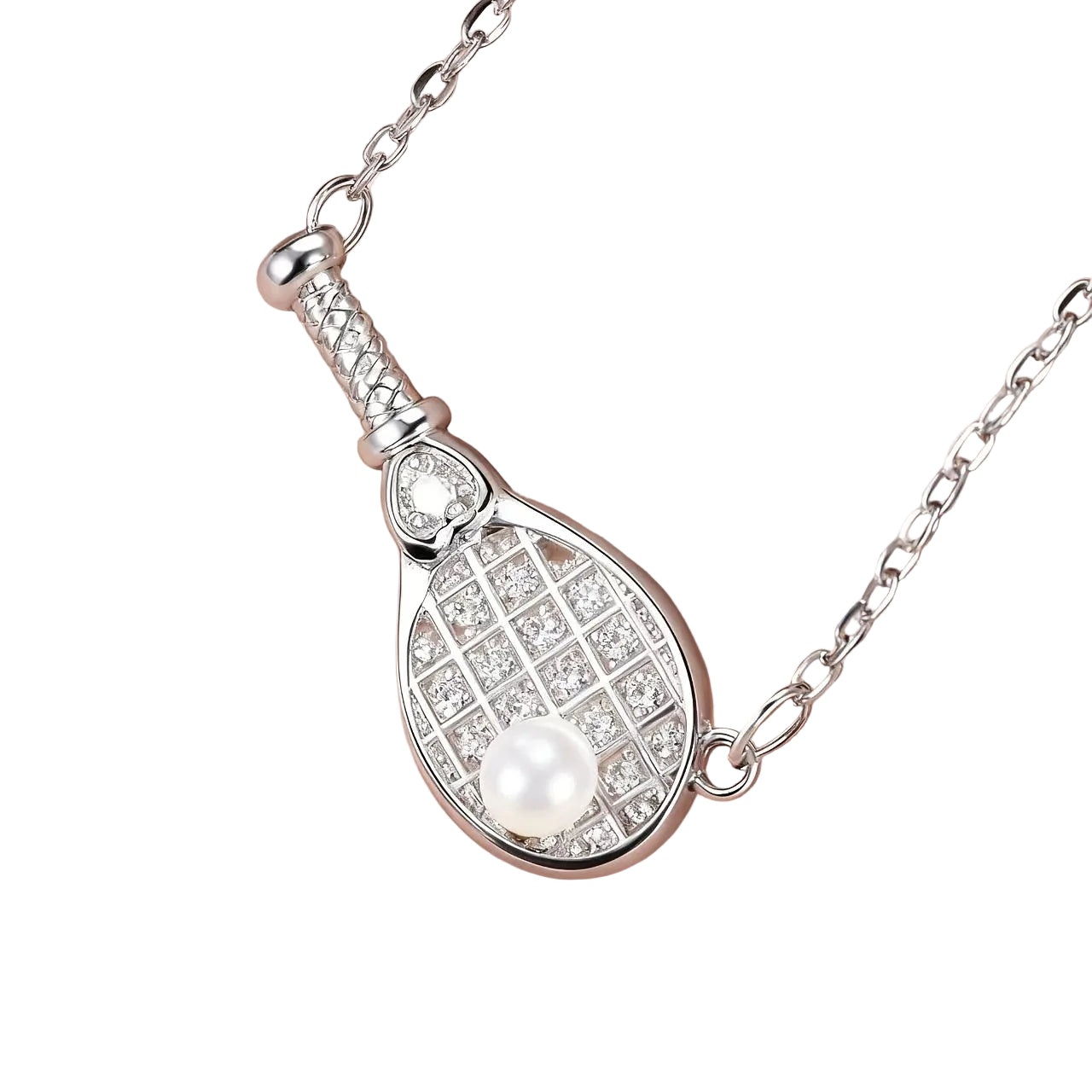 Dainty Sterling Silver Tennis Racket Pendant Necklace with Sparkling Zircon