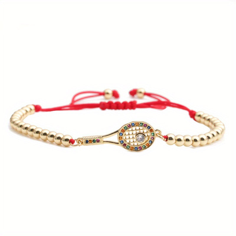 Elegant Gold Tennis Racket Charm Bracelet with Sparkling Rhinestone Detail