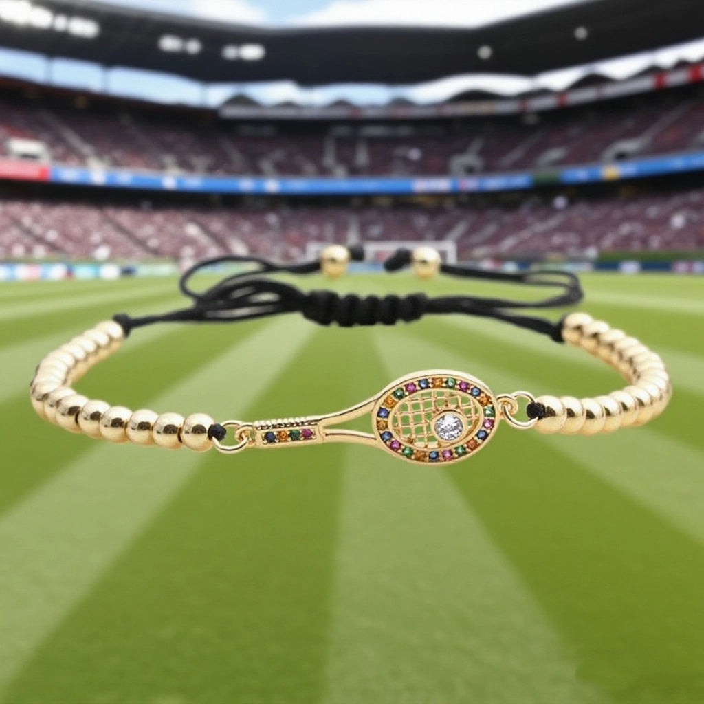 Elegant Gold Tennis Racket Charm Bracelet with Sparkling Rhinestone Detail