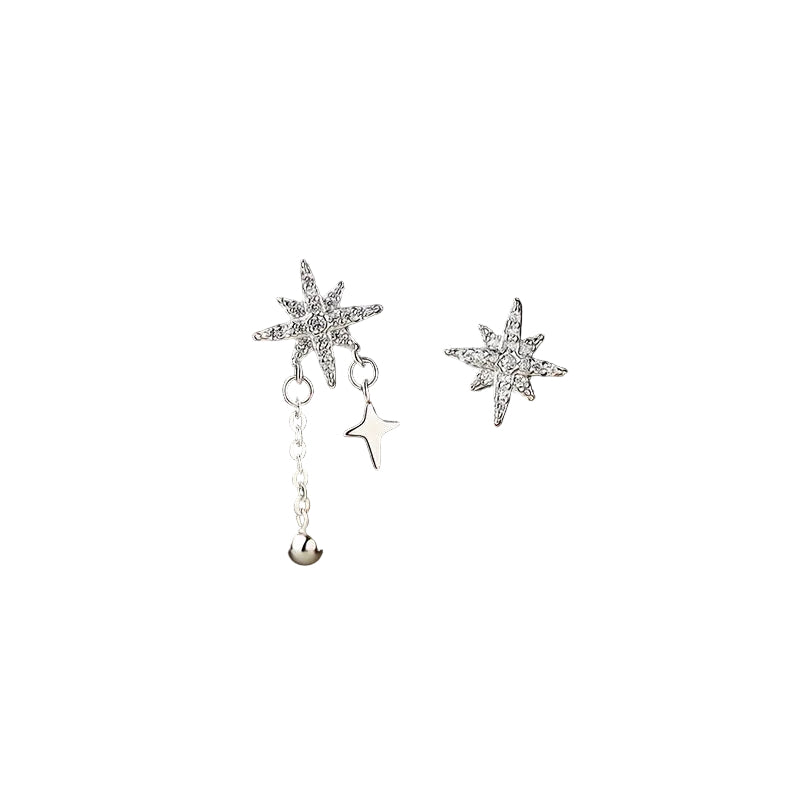 S925 Sterling Silver Mismatched Star Tassel Earrings with Sparkling Zirconia