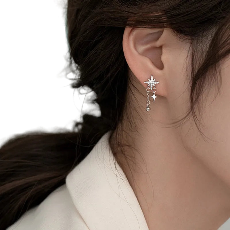 S925 Sterling Silver Mismatched Star Tassel Earrings with Sparkling Zirconia