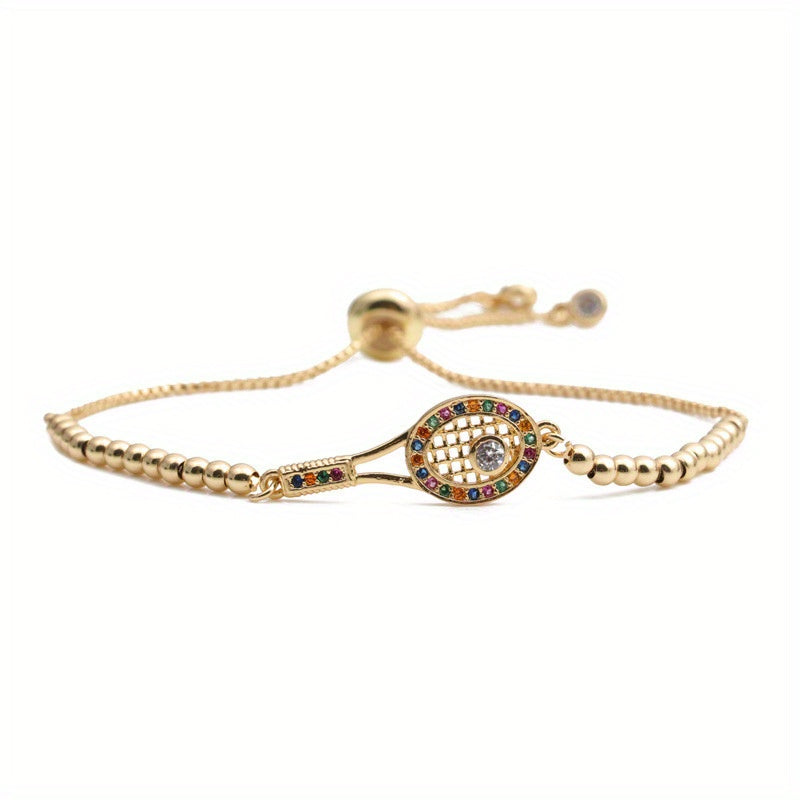 Elegant Gold Tennis Racket Charm Bracelet with Sparkling Rhinestone Detail