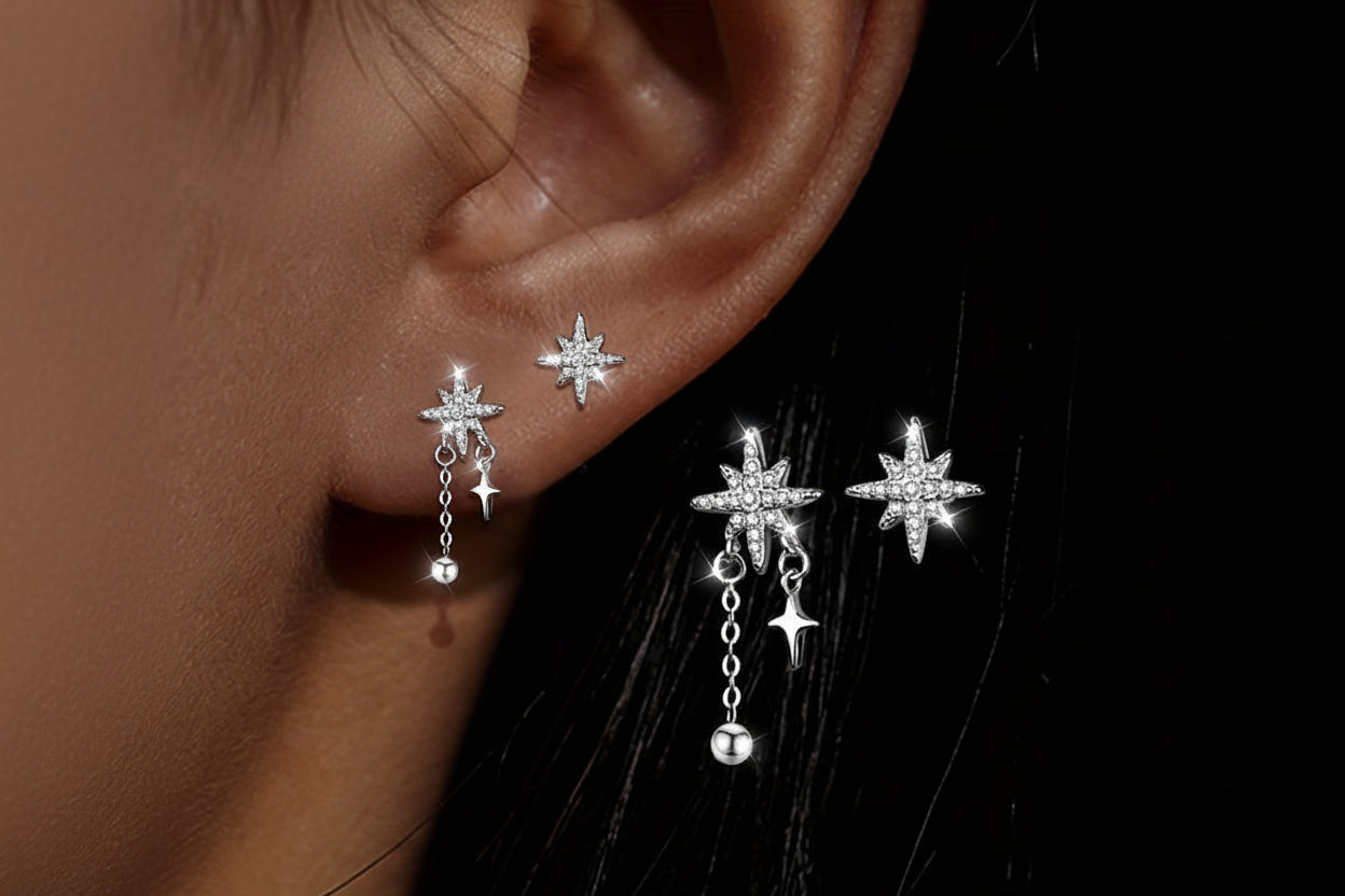 S925 Sterling Silver Mismatched Star Tassel Earrings with Sparkling Zirconia