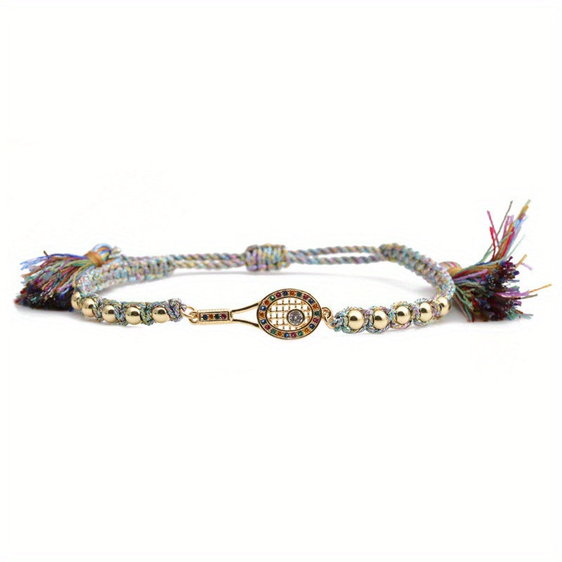 Elegant Gold Tennis Racket Charm Bracelet with Sparkling Rhinestone Detail