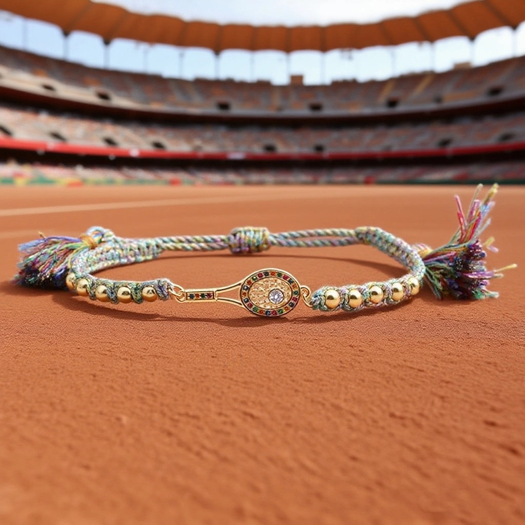 Elegant Gold Tennis Racket Charm Bracelet with Sparkling Rhinestone Detail