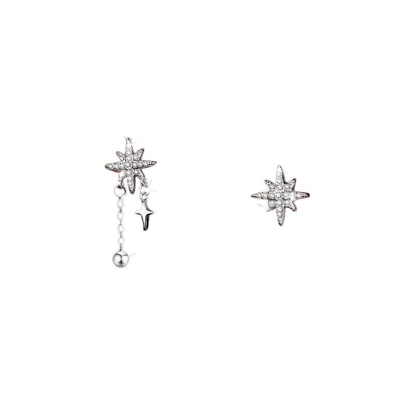 S925 Sterling Silver Mismatched Star Tassel Earrings with Sparkling Zirconia